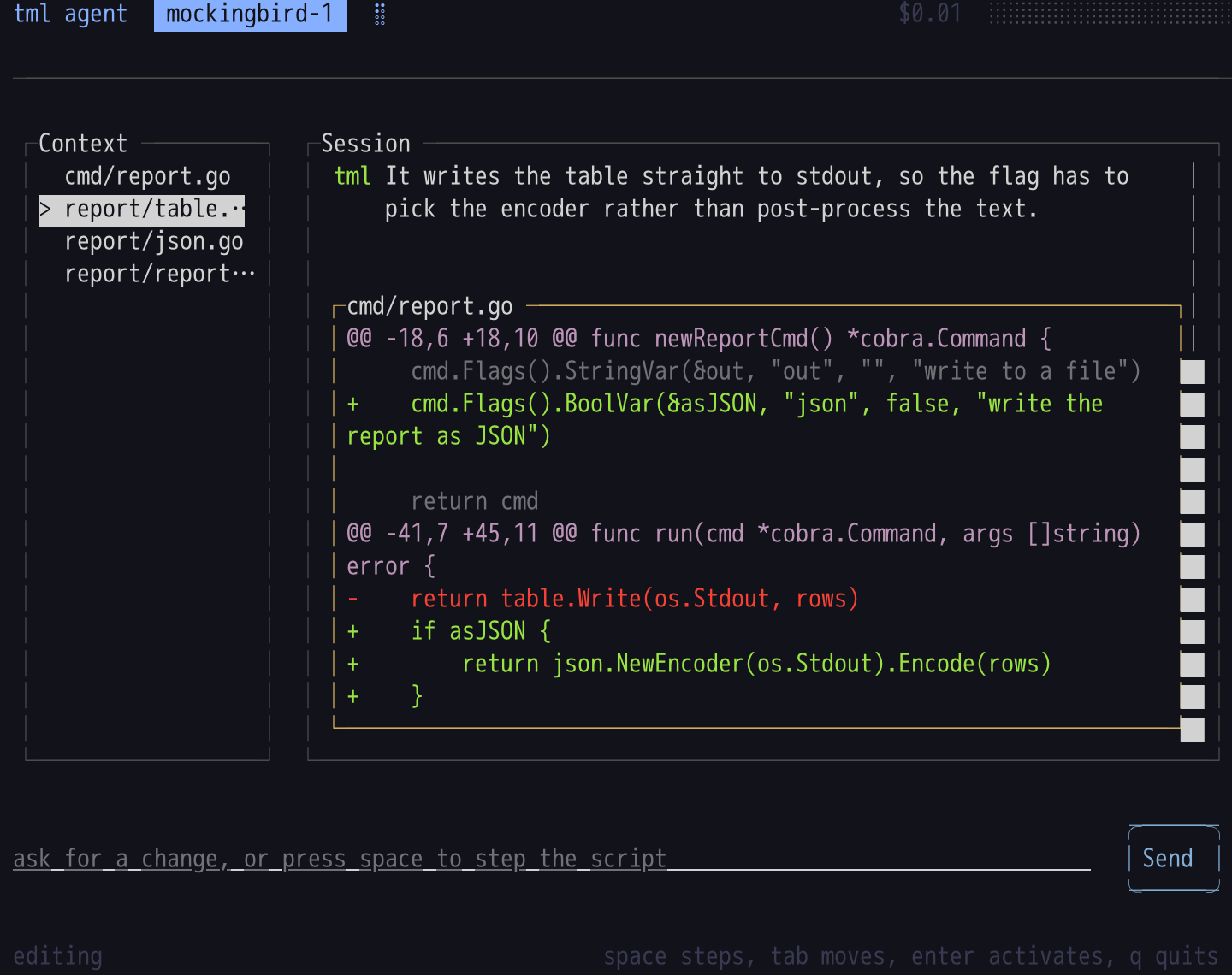 The agent example, mid-session